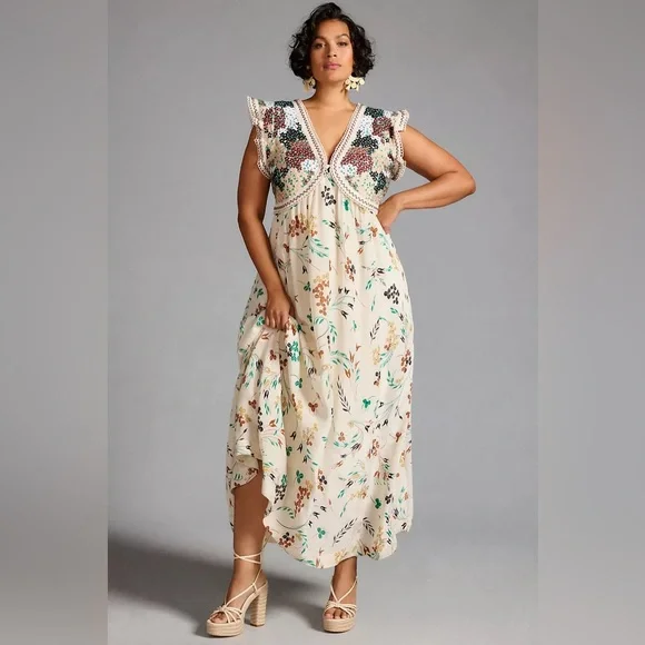 Anthropologie Floral Maxi Dress with Crochet Detail - Picture 2 of 10